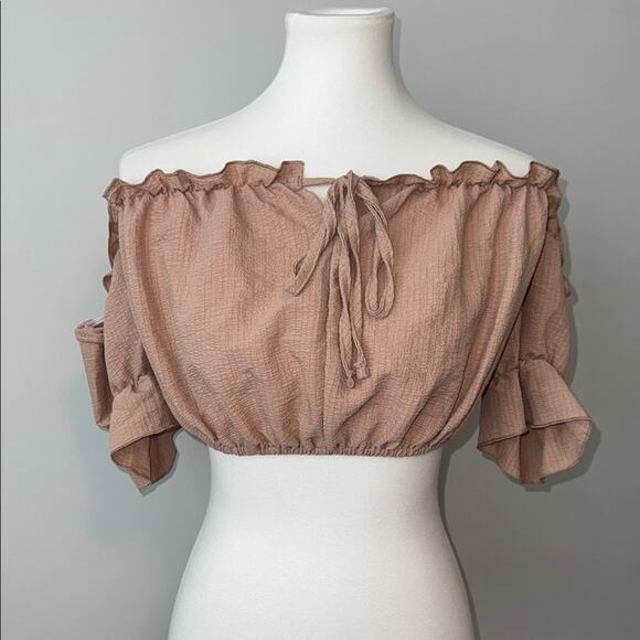Shein Off-Shoulder Ruffle Tan Crop Top Women's Medium - Picture 1 of 6